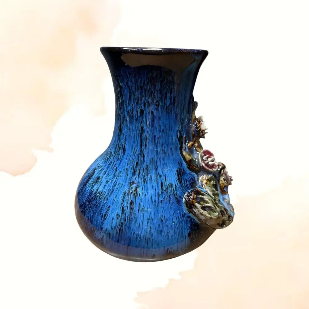 Vintage Signed Blue Drip Glaze Pottery Vase Applied Cherry Blossoms MCM 7